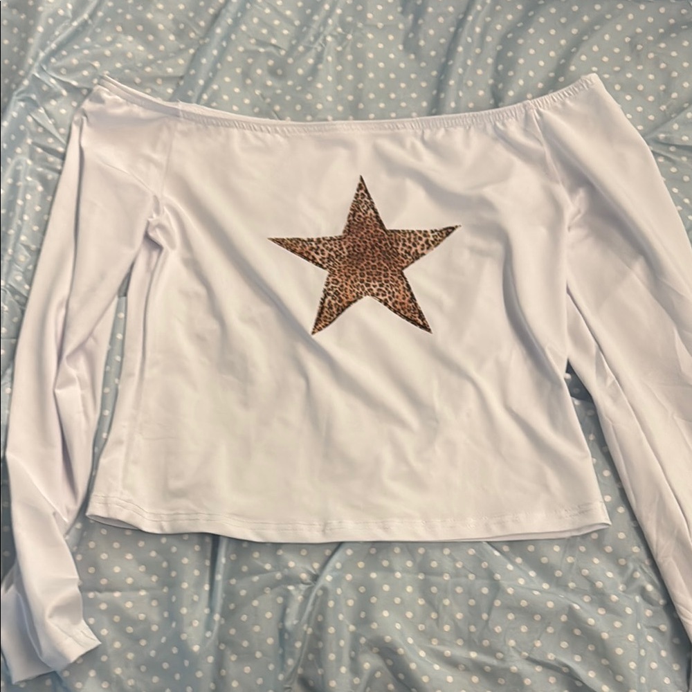 White Off-Shoulder Top with Leopard Star